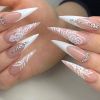 24pcs Shiny Rhinestone Stiletto Press On Nails with White Flower Design - Full Cover Glossy Acrylic Nails for Women and Girls (French Flower)