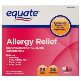 Equate Diphenhydramine Allergy Relief Capsules;  25 mg;  24 Count