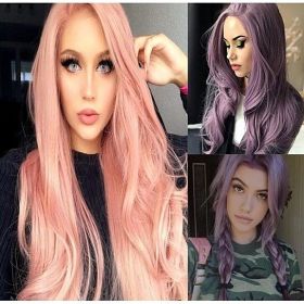 Orange Pink Lace Wig Mixed Color Glueless Long Natural Wavy Middle Part Synthetic Lace Front Wigs For Women Half Hand Tied Heat Resistant (Color: Pink)